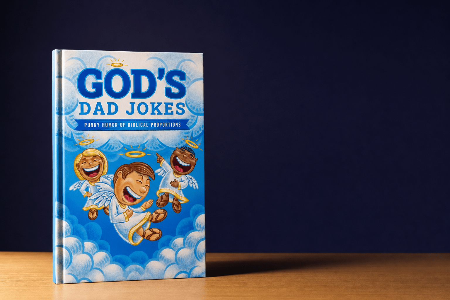 God's Dad Jokes book cover on a wooden table with deep navy background
