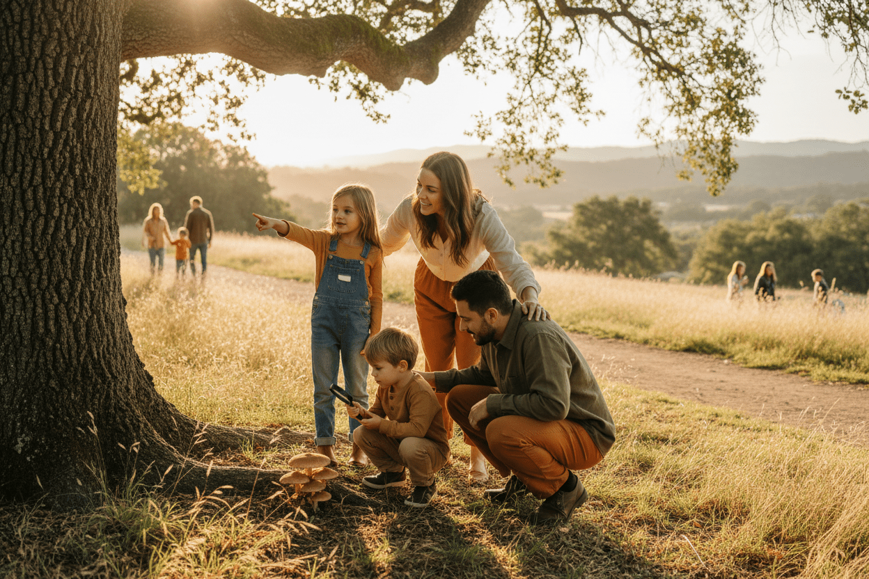 Parents and children exploring a park together, fostering curiosity through outdoor play