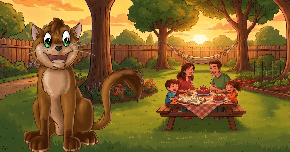 Fassa the cat sharing a laugh with a family in the backyard — humor and joy for kids