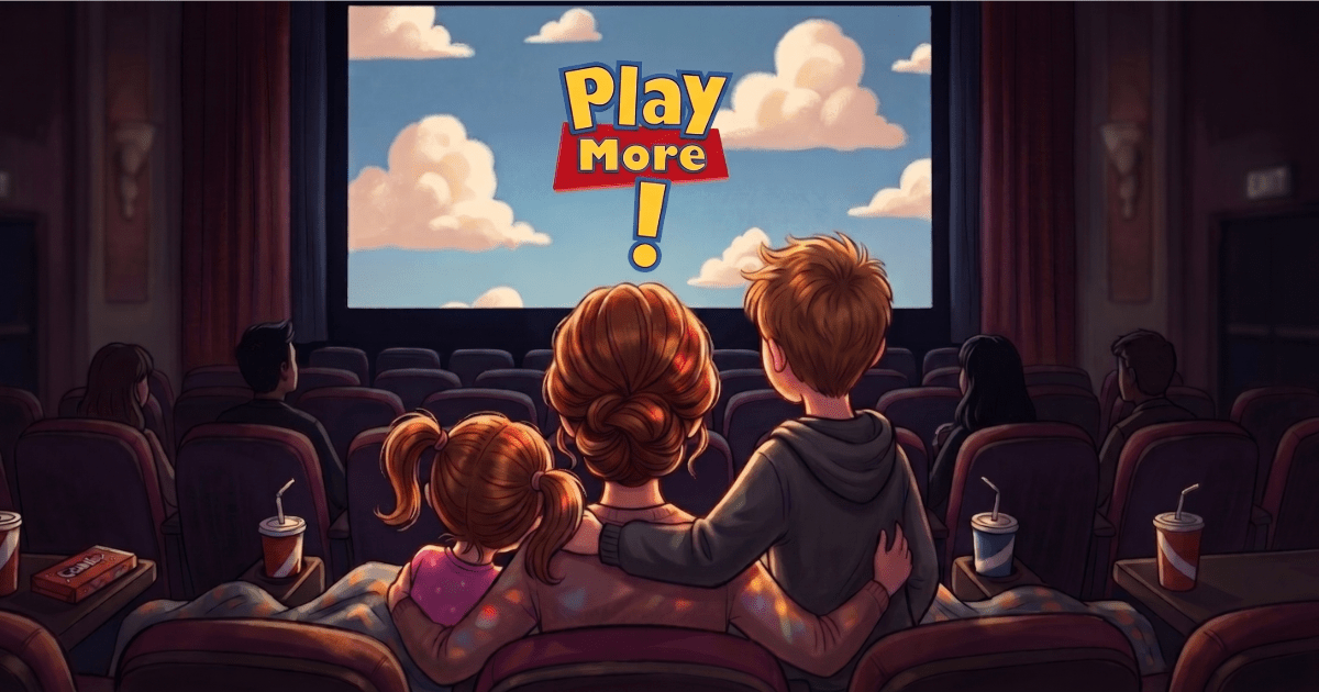 A mom and two kids sitting together in a movie theater watching Toy Story 5