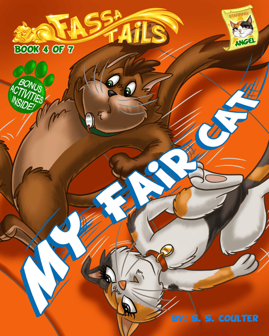 Front cover of 'My Fair Cat' — Book 4 of The Fassa Tails children's series by S. S. Coulter, featuring Fassa and Angel on a playground adventure